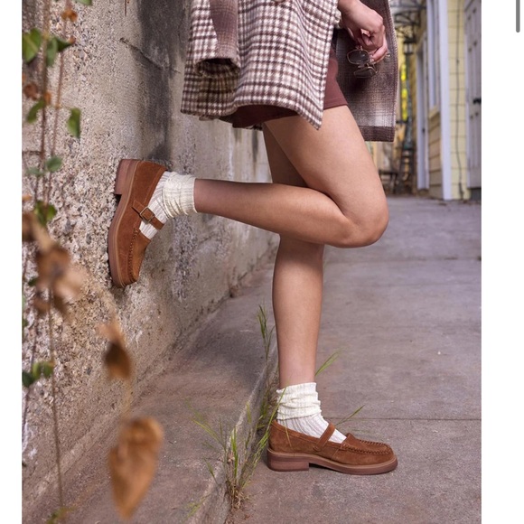 Seychelles Shoes - Brown Suede Mary Jane Loafers with Cream Socks